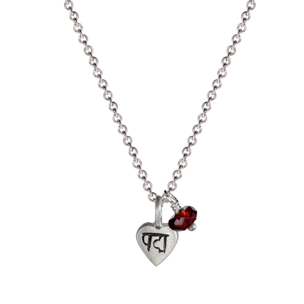 ME & RO Sterling Silver Tiny Lotus Heart Pendant with Garnet Bead. 16”